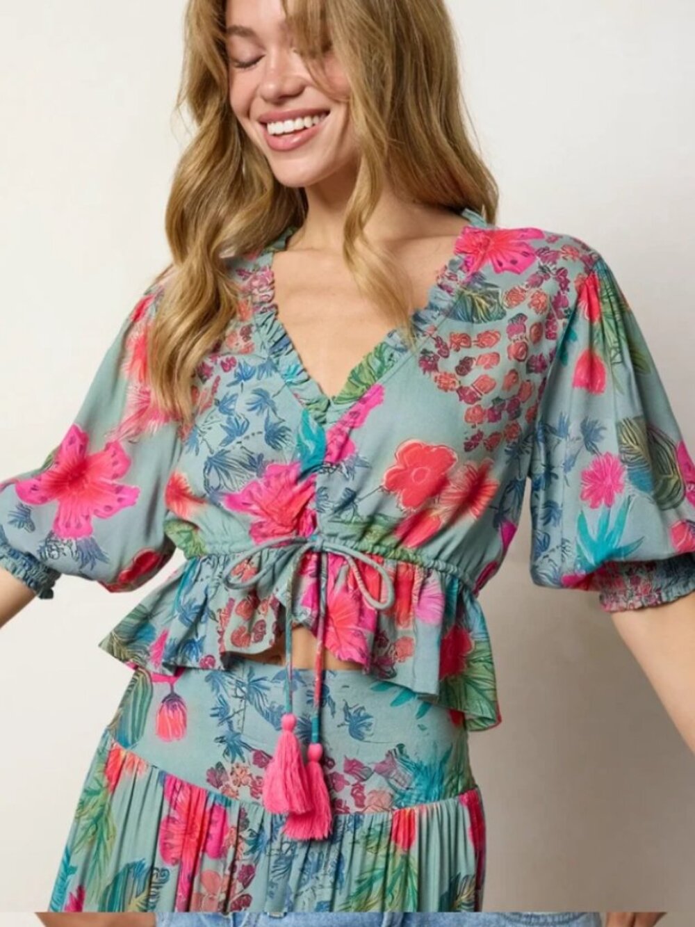 Natural Life NWT Elisa Ruffle Floral Long Sleeve Top Neon Tropical